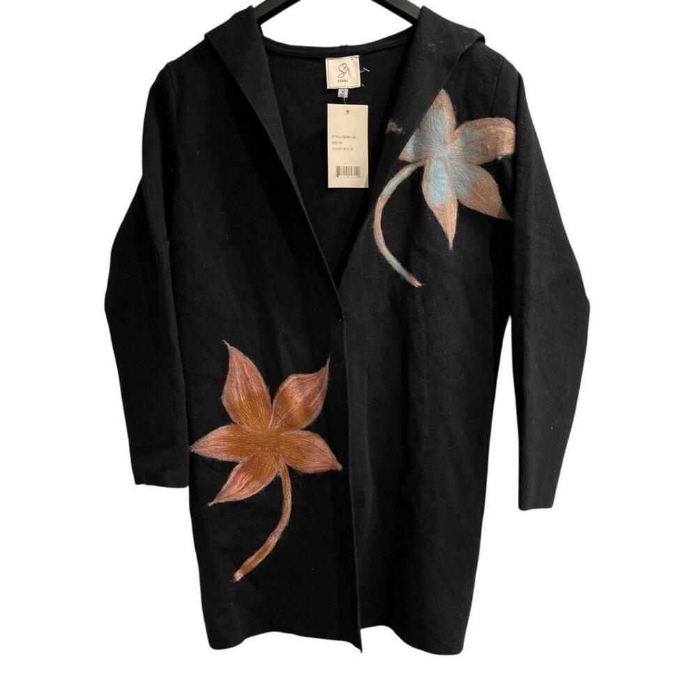 Sioni Cardigan Black Textured Floral Hooded Long Size M Stretch Artsy Career